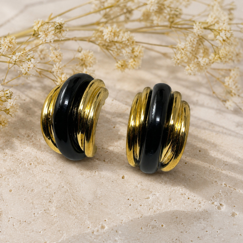 Vintage Trifari Black Enamel Gold Tone Demi Hoop Earrings Pierced 1.25" Couture